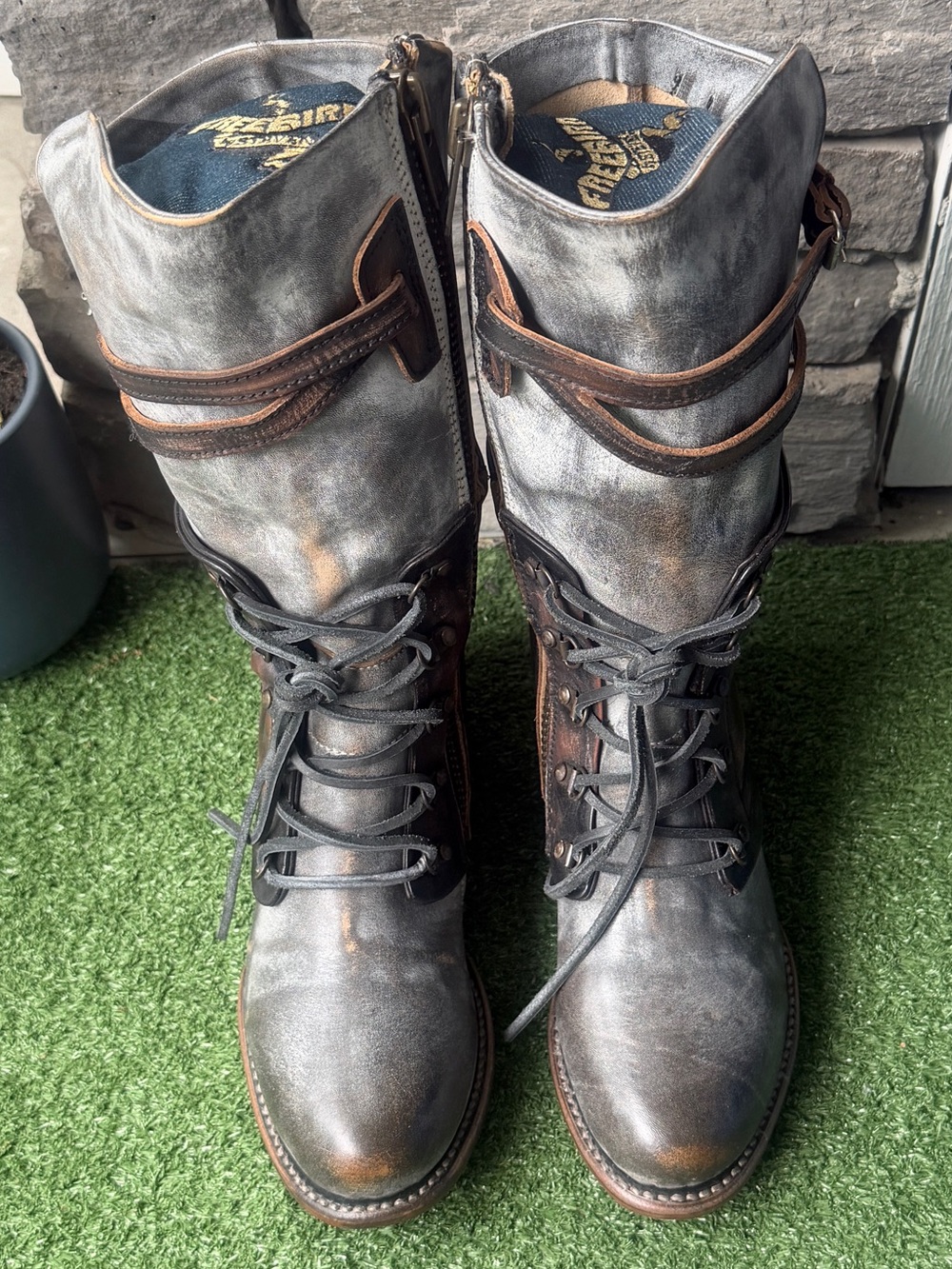 New!! Freebird by Steven Ravi Combat Ice Gray Distressed Leather Women’s Boots - Picture 5 of 11